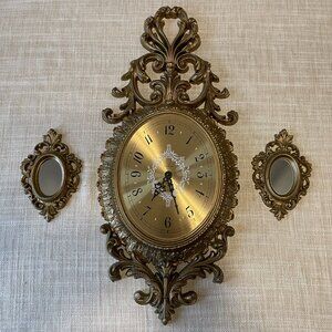 Vintage 1960s New Haven Ornate Gold Oval Clock & Mirrors Burwood Products Works